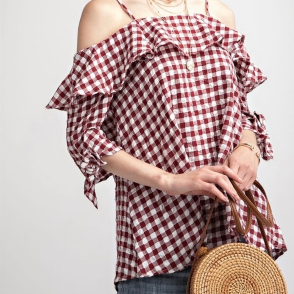 Gingham  Ruffle Blouse Top - Picture 4 of 10